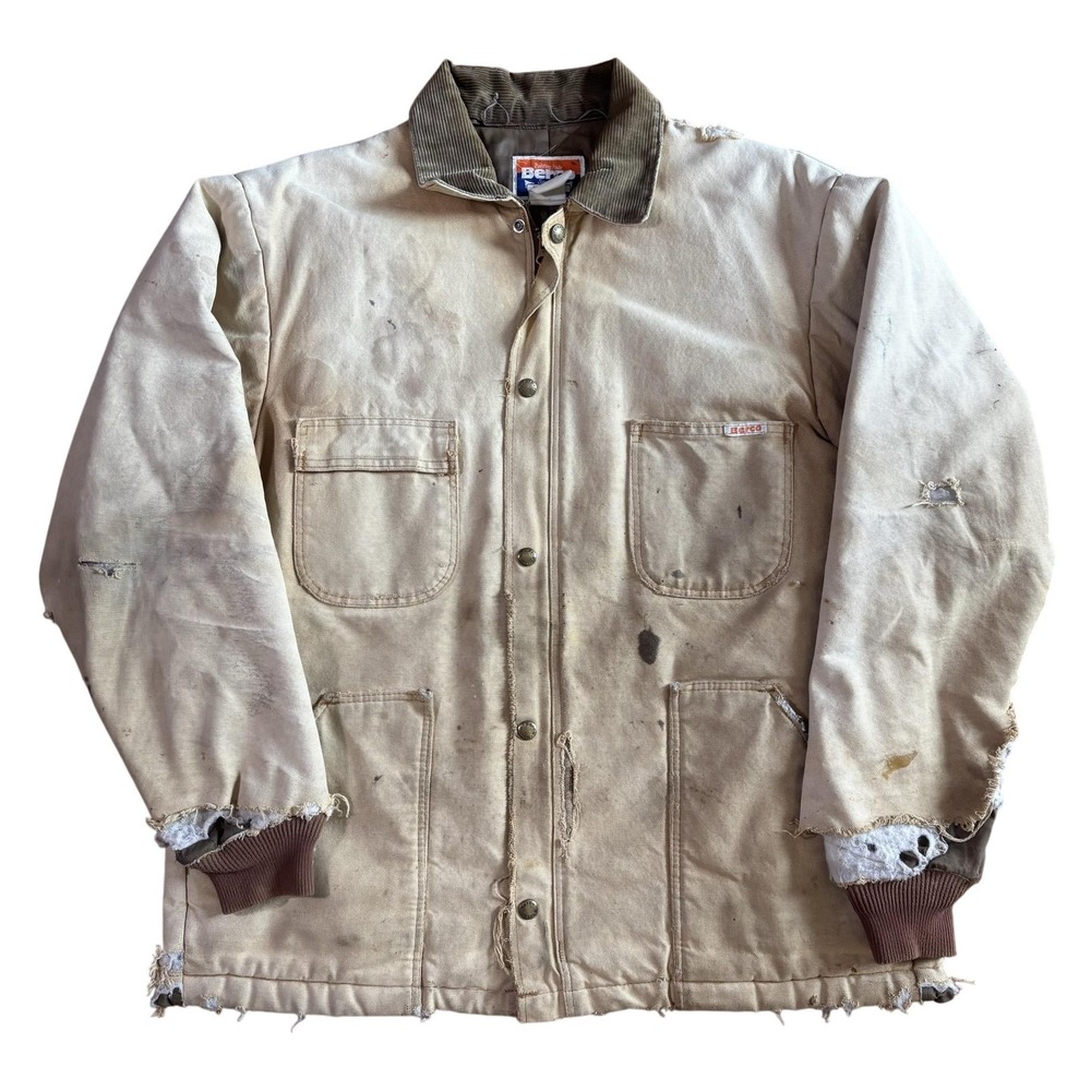 Berco Coat Mens XL Beige Canvas Quilted Workwear Corduroy Collar USA Distressed